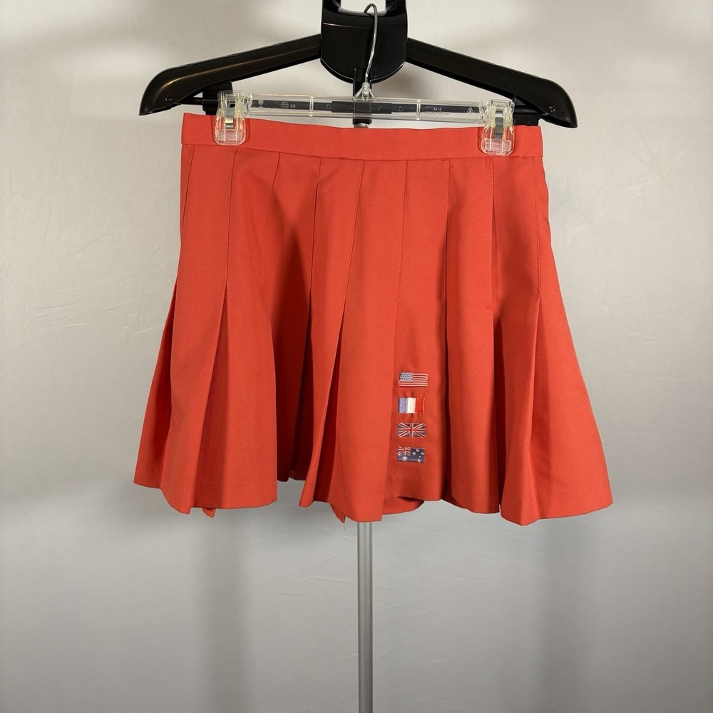Womens Sz 12 VTG Pleated Mini Skirt Red Flags Embroidered Retro 70s 80s Twee Fun